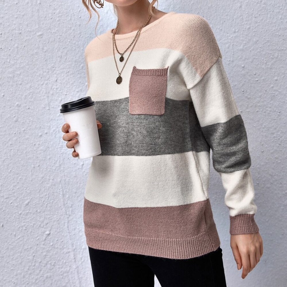 #48 Color block striped pocket long sleeve top mauve - Picture 6 of 6